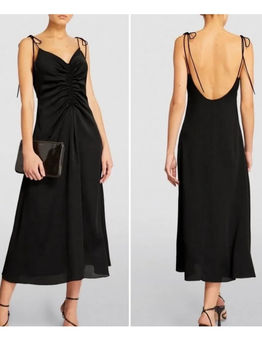 NWT Jason Wu Black Ruched Front Slip Dress with Tie Straps